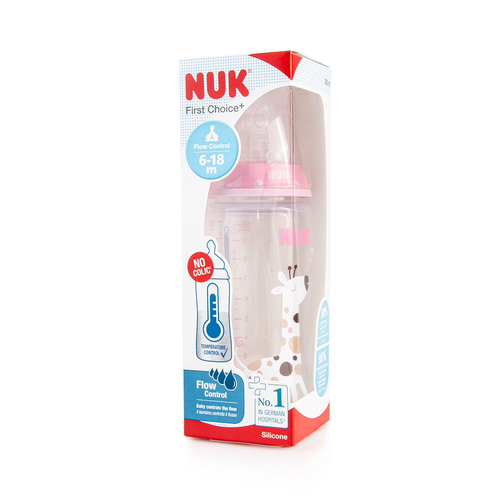 NUK - FIRST CHOICE+ Πλαστικό Μπιμπερό Θηλή Σιλικόνης Flow Control με Δείκτη Ελέγχου Θερμοκρασίας 6-18m (ροζ με καμηλοπάρδαλη) - 300ml 10741088